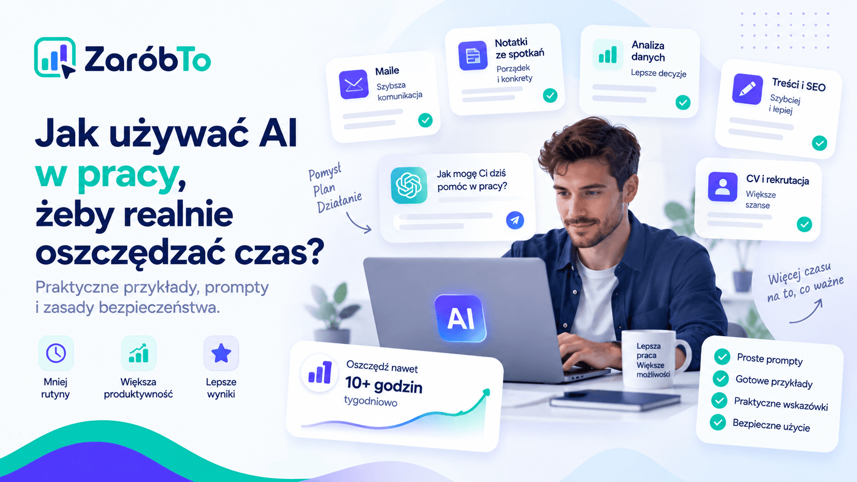 Jak używać AI w pracy do maili, spotkań, danych, SEO i rekrutacji