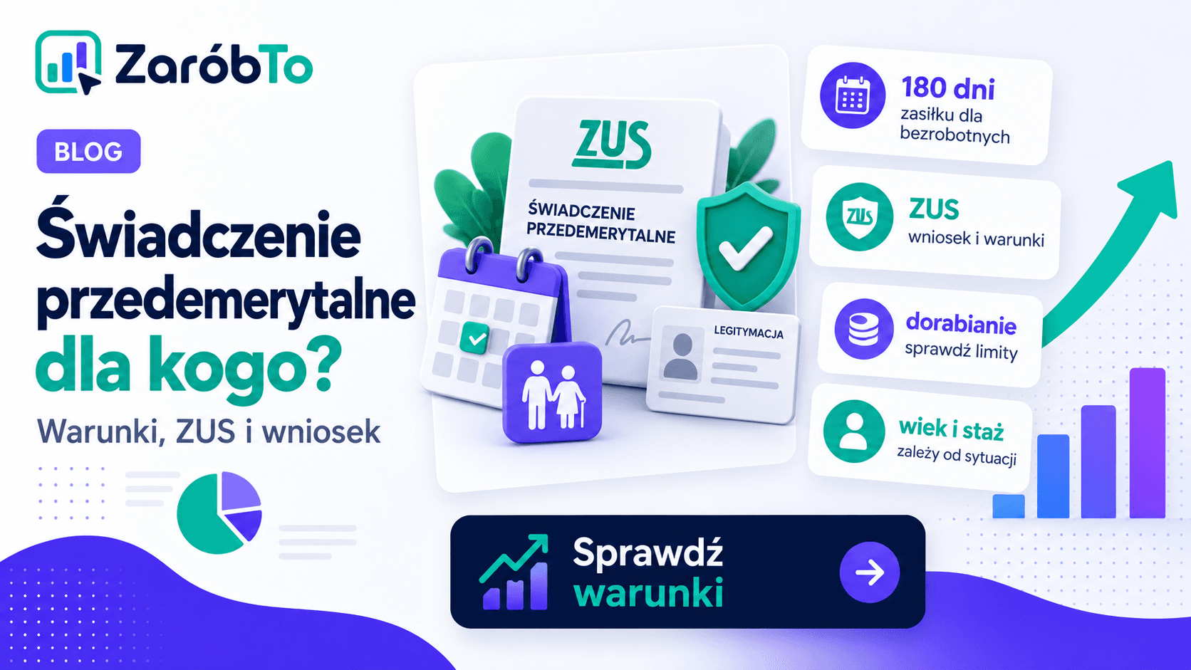 Infografika ZaróbTo: świadczenie przedemerytalne, ZUS, 180 dni zasiłku, dorabianie i warunki